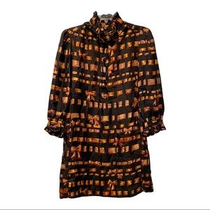 Betsey Johnson 100% Silk High Neck Dress Womens Sz 4 Button Down Bow Graphic